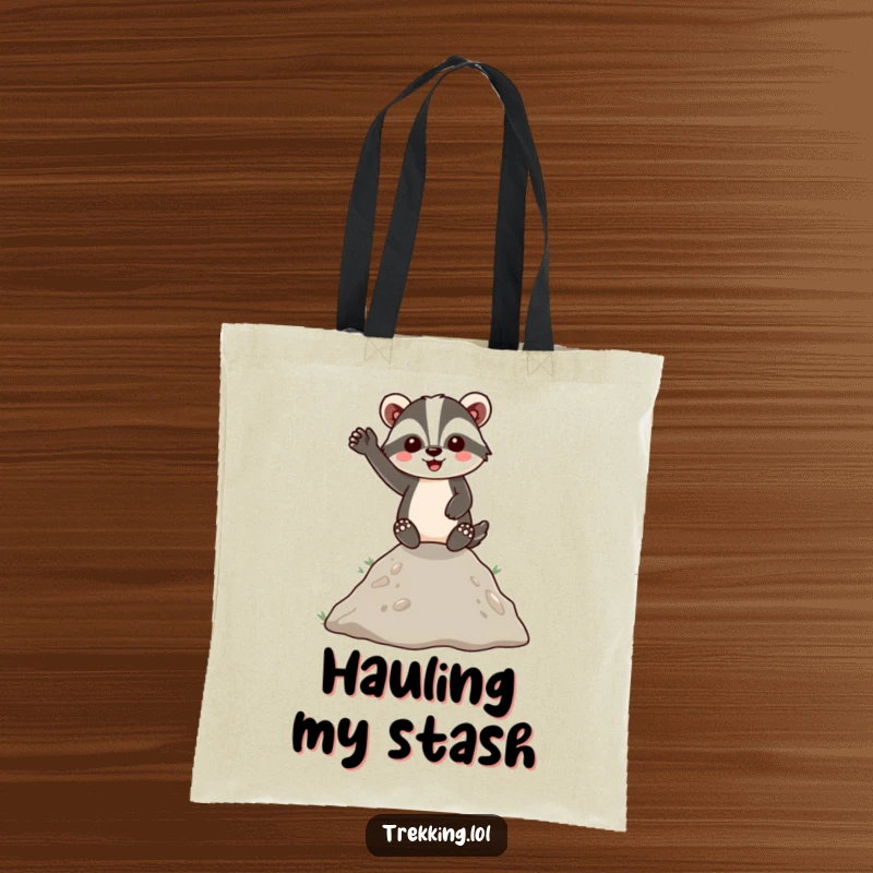 Funny Tote Bag featuring an energetic badger waving happily from a small hill, perfect for carrying daily items with a dose of humor.