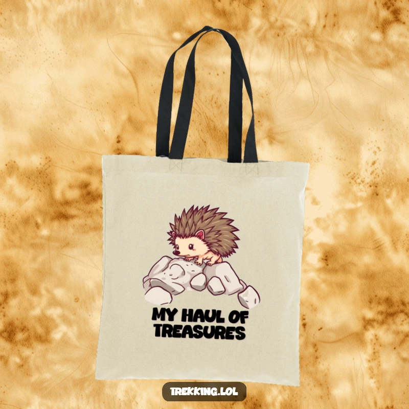 Funny tote bag with a determined hedgehog carefully navigating over rocky terrain, perfect for carrying daily items.