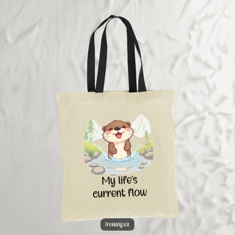 Funny tote bag with a happy otter splashing playfully in a shallow mountain stream, perfect for everyday use.