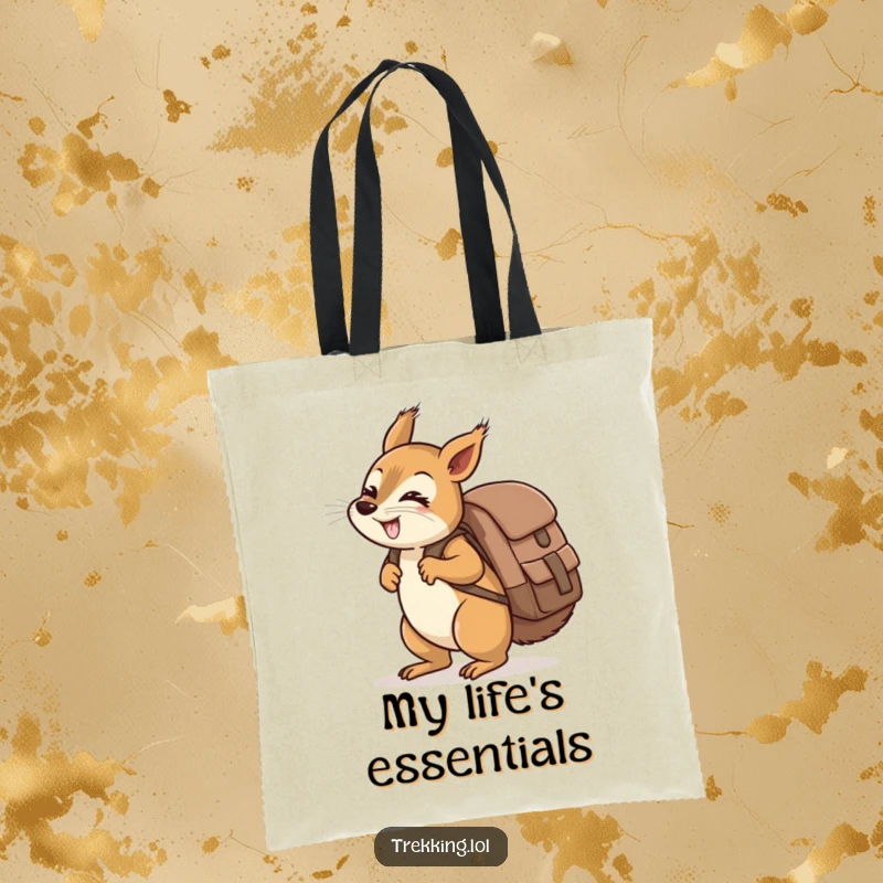 Funny giggling squirrel carrying a ridiculously oversized backpack uphill on a tote bag, spacious and humorous.