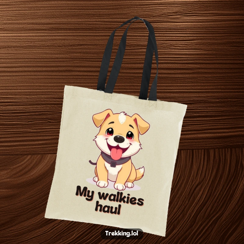 Funny tote bag with a happy, panting dog after a short trek, ideal for carrying essentials with a dose of canine humor.