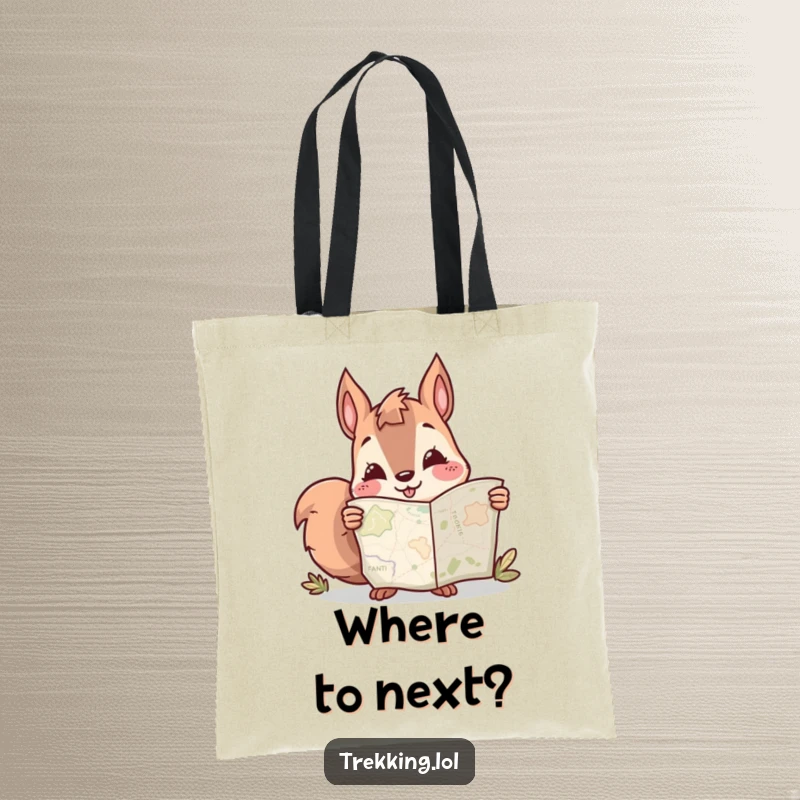 Funny tote bag depicting a smiling squirrel studying a map, ideal for carrying books and humor on the go.